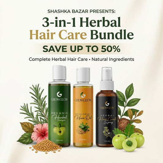 Herbal Hair Care Bundle featuring GrowGlow Organic Herbal Shampoo, Nourishing Hair Oil, and Hair Growth Spray with natural ingredients like amla, rosemary, fenugreek, and hibiscus.